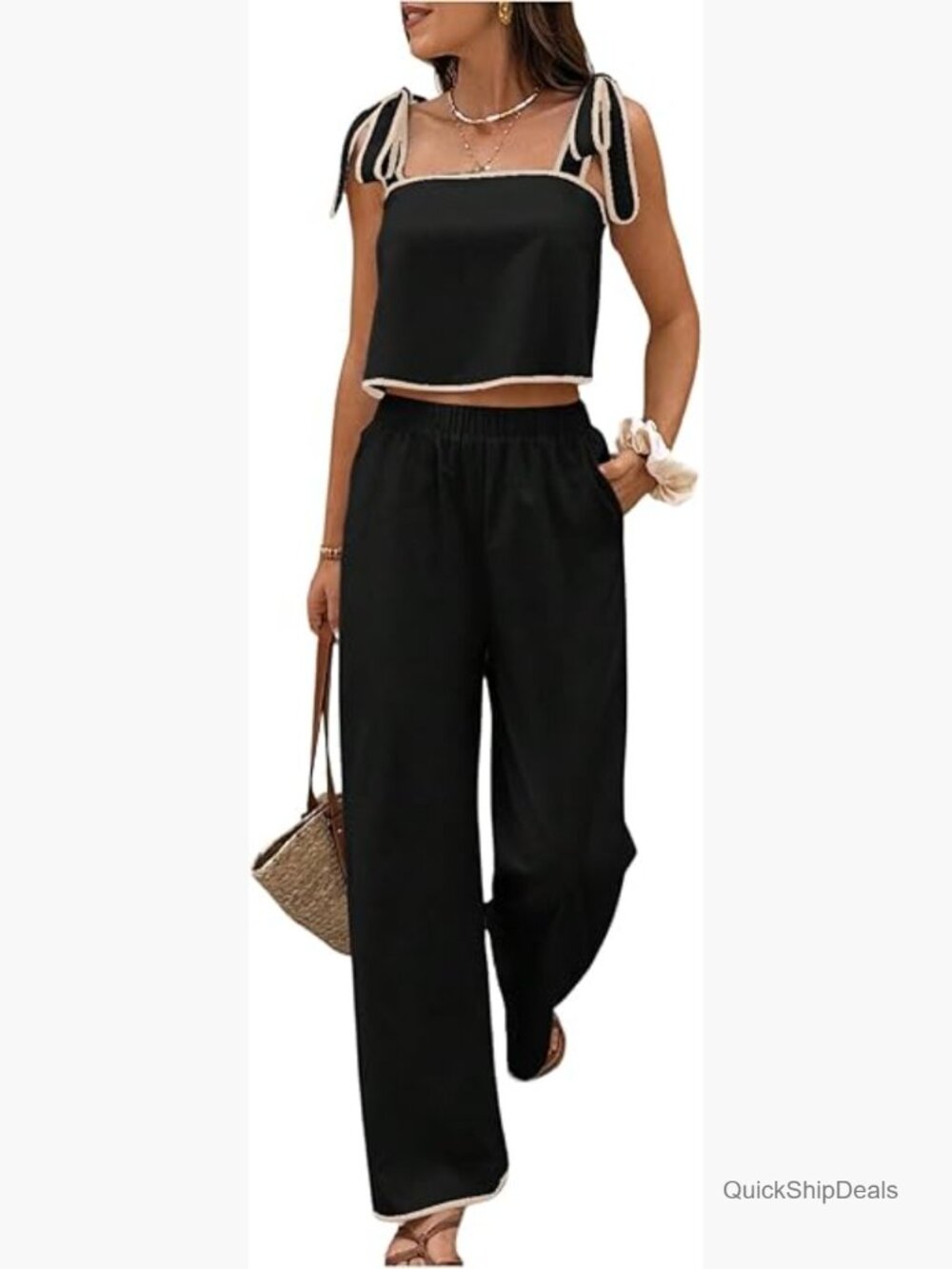 Women's 2 Piece Set Tie Shoulder Crop Top and Pants Travel Outfits